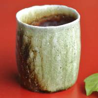 Dohei Fujinoki, karatsu haikaburi yohen tea cup 250ml, nonglazed wood-fired yunomi, wood box