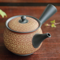 Teruyuki Isobe, round type red inka stamp pattern teapot 340ml, green tea kyusu, Tokonameware