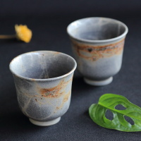 Setsugetsu Yoshikawa, yakishime mogake yohen teacups 90ml, set of 2 cups, Tokonameyaki yunomi, senchawan   ​