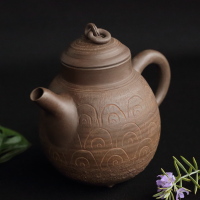 Master Toju(deceased), wave pattern teapot 430ml, Japanese Tokonameyaki back handle kyusu, wood box