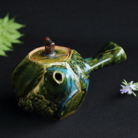 Natsu Nishiyama, kurinuki oribe kyusu 350ml, Mashikoyaki teapot for Japanese/Chinese tea, wood box