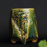Natsu Nishiyama, kurinuki oribe yunomi 190ml, cup for Japanese/Chinese tea, Mashikoyaki teaware, wood box