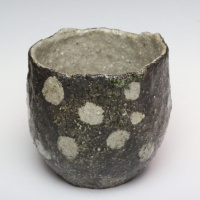 Emi Masuda, white dot black flowerpot, planter, Japanese tebineri made pottery